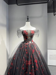 Black Tulle and Red Sequins Floor Length Prom Dress, Off the Shoulder Evening Party Dress