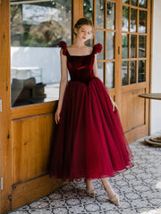 Burgundy Velvet Tulle Tea Length Prom Dress, Cute A-Line Evening Party Dress