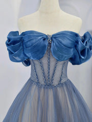 Blue Tulle Beaded Long Prom Dress, Off the Shoulder Evening Party Dress