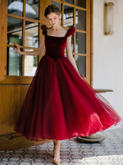 Burgundy Velvet Tulle Tea Length Prom Dress, Cute A-Line Evening Party Dress