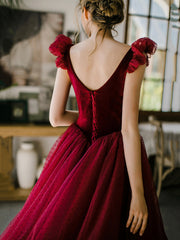 Burgundy Velvet Tulle Tea Length Prom Dress, Cute A-Line Evening Party Dress
