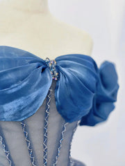 Blue Tulle Beaded Long Prom Dress, Off the Shoulder Evening Party Dress