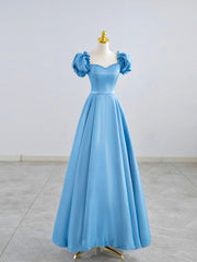 Blue Satin Beaded Floor Length Prom Dress, Blue A-Line Short Sleeve Evening Dress