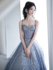 Blue Spaghetti Strap Gradient Sequins Long Prom Dress, Beautiful Sweetheart Neck Evening Party Dress