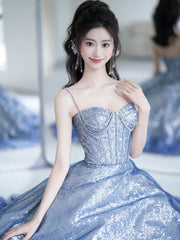 Blue Spaghetti Strap Gradient Sequins Long Prom Dress, Beautiful Sweetheart Neck Evening Party Dress