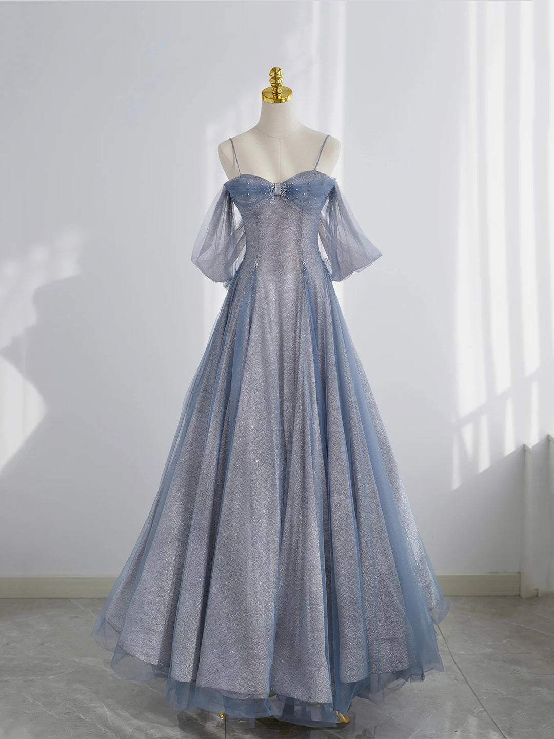 Blue Tulle Long Prom Dress, A-Line Off the Shoulder Blue Evening Party Dress