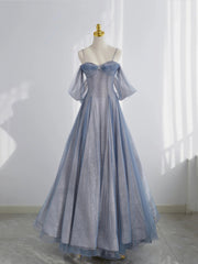 Blue Tulle Long Prom Dress, A-Line Off the Shoulder Blue Evening Party Dress