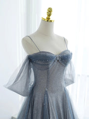 Blue Tulle Long Prom Dress, A-Line Off the Shoulder Blue Evening Party Dress