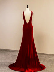 Burgundy V-Neck Velvet Long Prom Dress, Simple Mermaid Backless Evening Dress