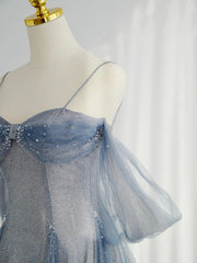Blue Tulle Long Prom Dress, A-Line Off the Shoulder Blue Evening Party Dress