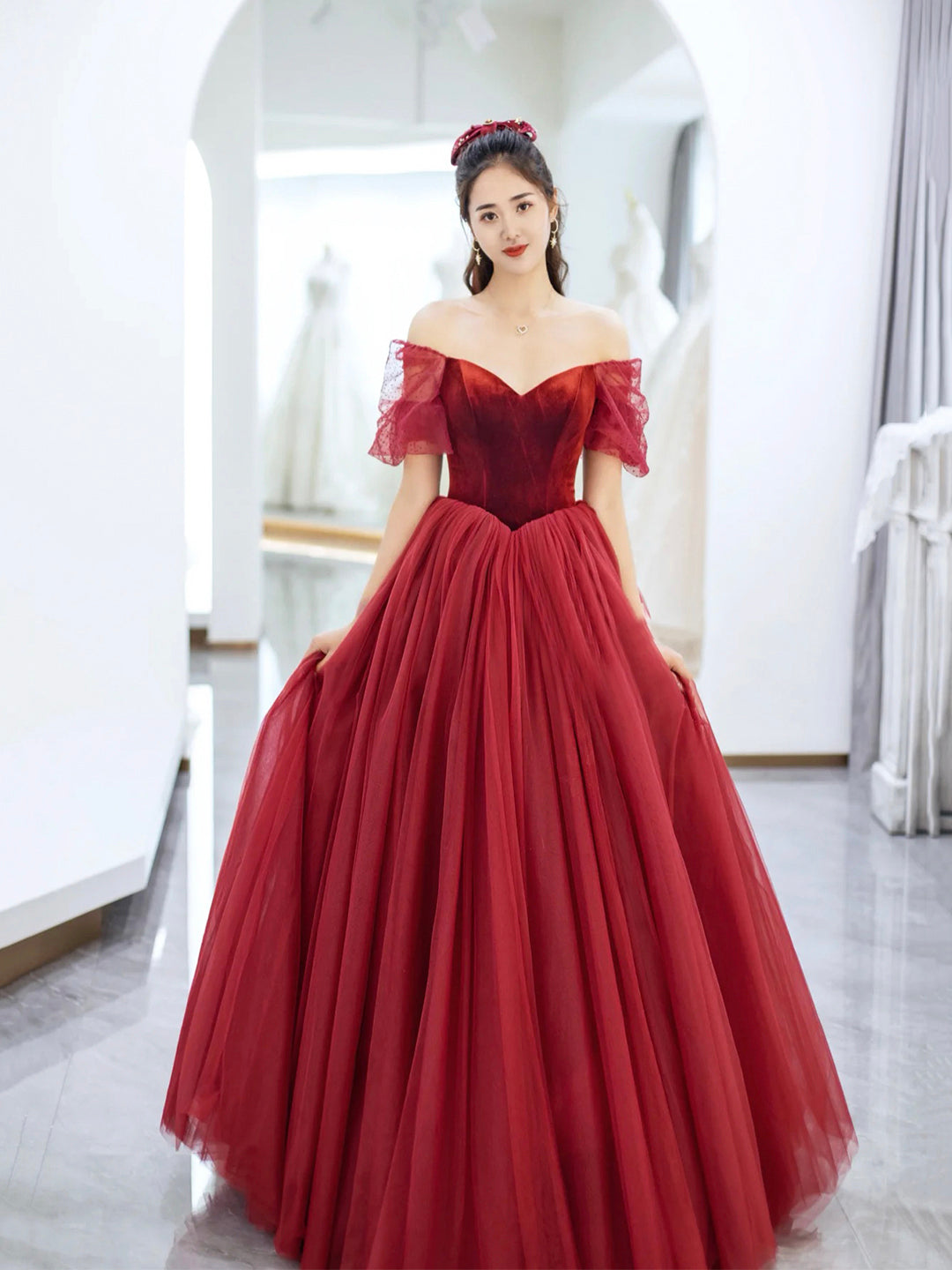 Burgundy Velvet and Tulle Floor Length Prom Dress, Beautiful Off the Shoulder Evening Party Dress