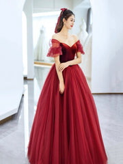 Burgundy Velvet and Tulle Floor Length Prom Dress, Beautiful Off the Shoulder Evening Party Dress