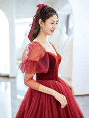 Burgundy Velvet and Tulle Floor Length Prom Dress, Beautiful Off the Shoulder Evening Party Dress