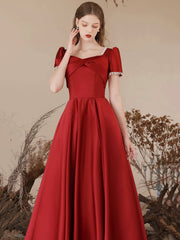 Burgundy Satin Long Prom Dress, Elegant Short Sleeve A-Line Evening Dress