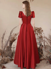 Burgundy Satin Long Prom Dress, Elegant Short Sleeve A-Line Evening Dress