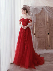 Red Tulle Lace Floor Length Prom Dress, Beautiful Off the Shoulder Evening Party Dress