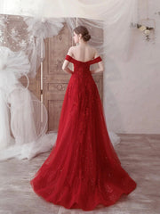 Red Tulle Lace Floor Length Prom Dress, Beautiful Off the Shoulder Evening Party Dress