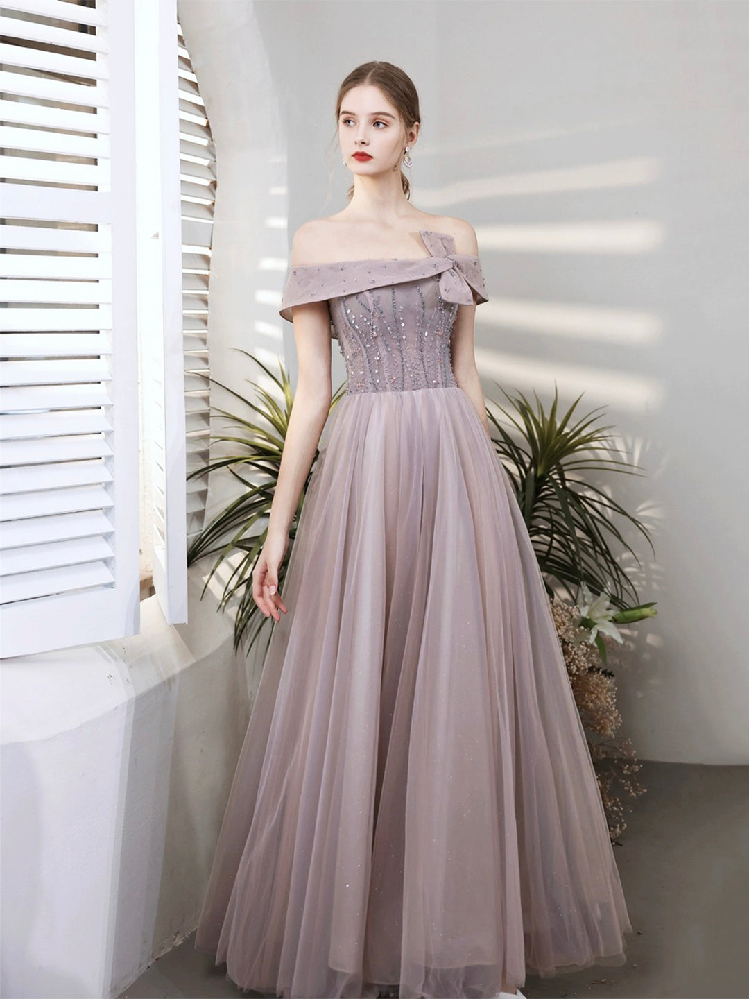 Purple Tulle Beaded Long Prom Dress, Off the Shoulder Evening Party Dress