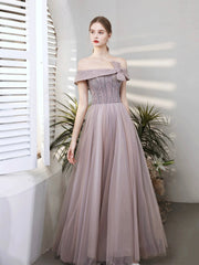 Purple Tulle Beaded Long Prom Dress, Off the Shoulder Evening Party Dress