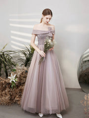 Purple Tulle Beaded Long Prom Dress, Off the Shoulder Evening Party Dress