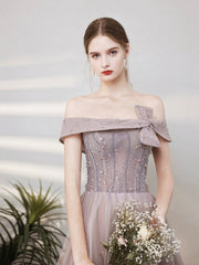Purple Tulle Beaded Long Prom Dress, Off the Shoulder Evening Party Dress