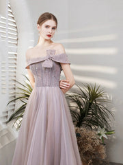 Purple Tulle Beaded Long Prom Dress, Off the Shoulder Evening Party Dress