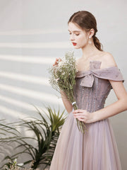 Purple Tulle Beaded Long Prom Dress, Off the Shoulder Evening Party Dress