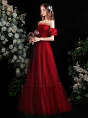 Burgundy Strapless Tulle Long Prom Dress, Burgundy A-Line Evening Party Dress