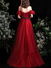 Burgundy Strapless Tulle Long Prom Dress, Burgundy A-Line Evening Party Dress