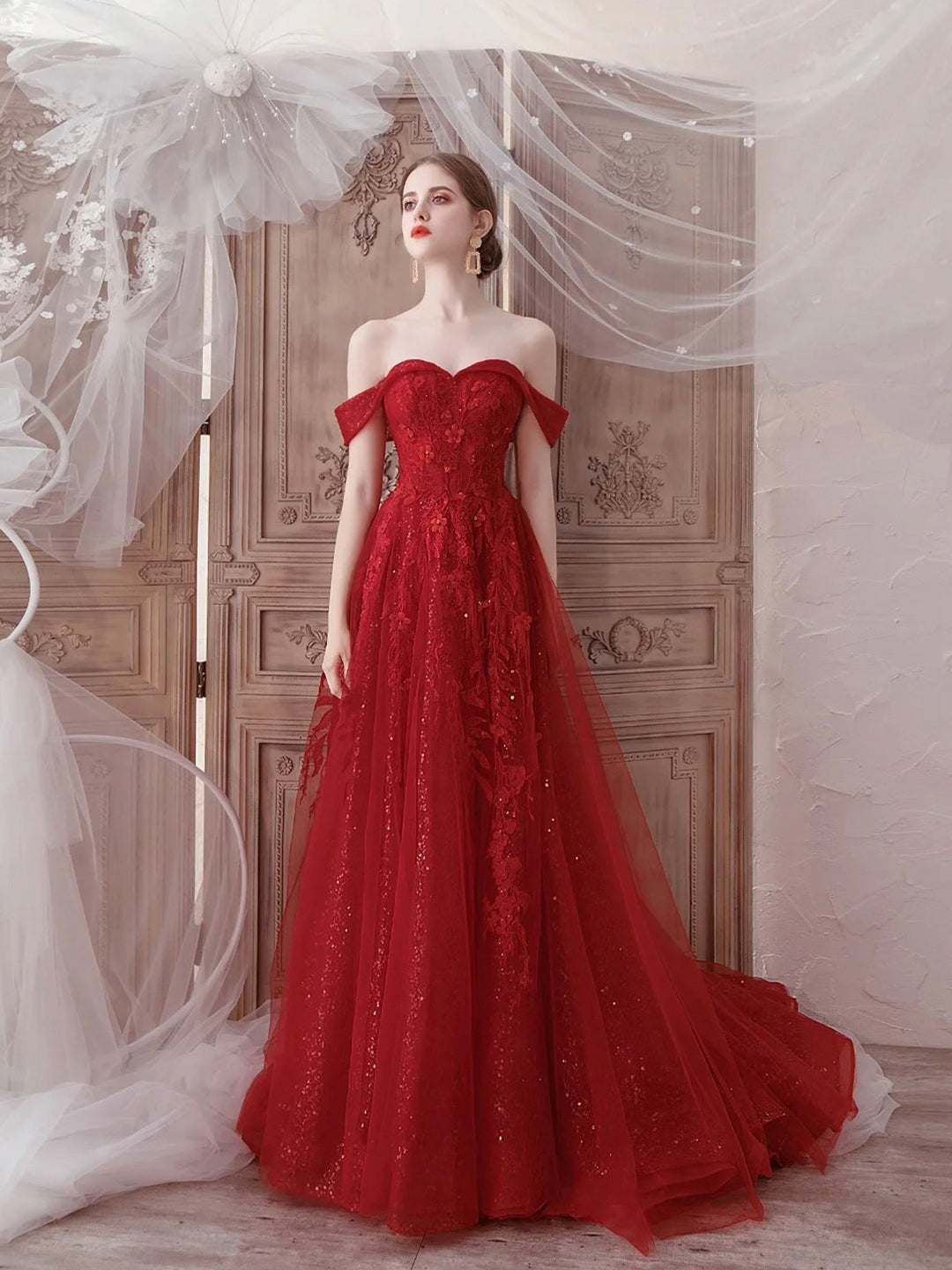 Red Tulle Lace Floor Length Prom Dress, Beautiful Off the Shoulder Evening Party Dress