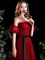 Burgundy Strapless Tulle Long Prom Dress, Burgundy A-Line Evening Party Dress