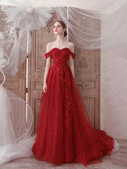 Red Tulle Lace Floor Length Prom Dress, Beautiful Off the Shoulder Evening Party Dress