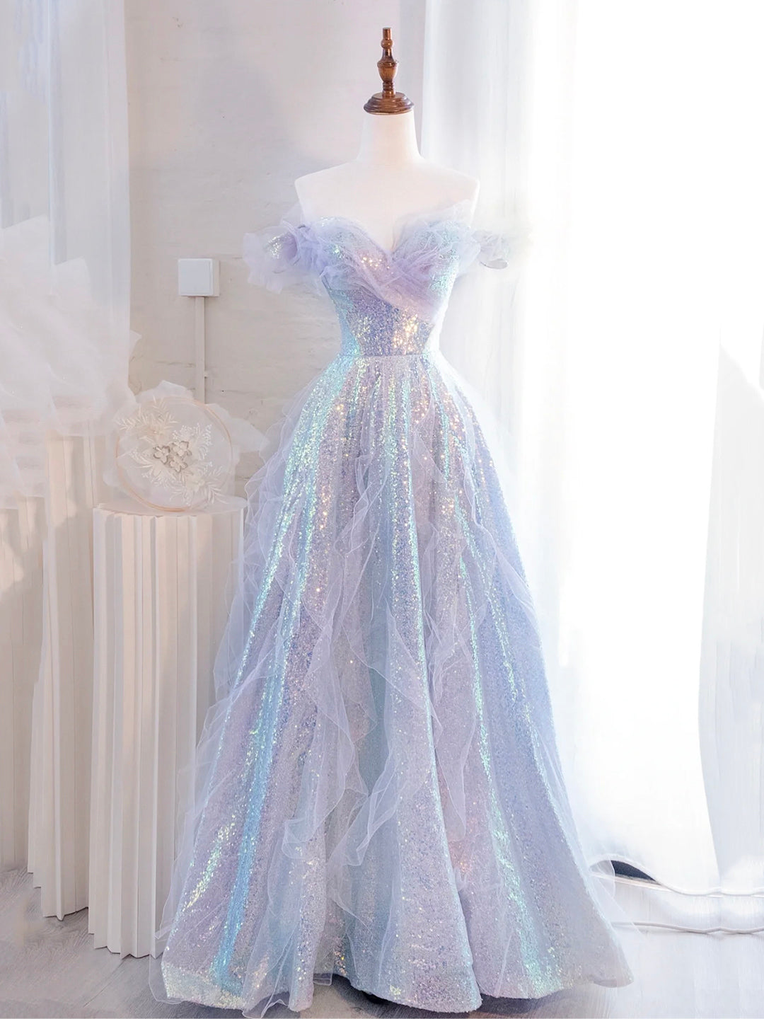 Lovely Purple Tulle Sequins Long Prom Dress, Off the Shoulder Evening Party Dress