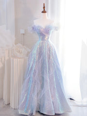 Lovely Purple Tulle Sequins Long Prom Dress, Off the Shoulder Evening Party Dress