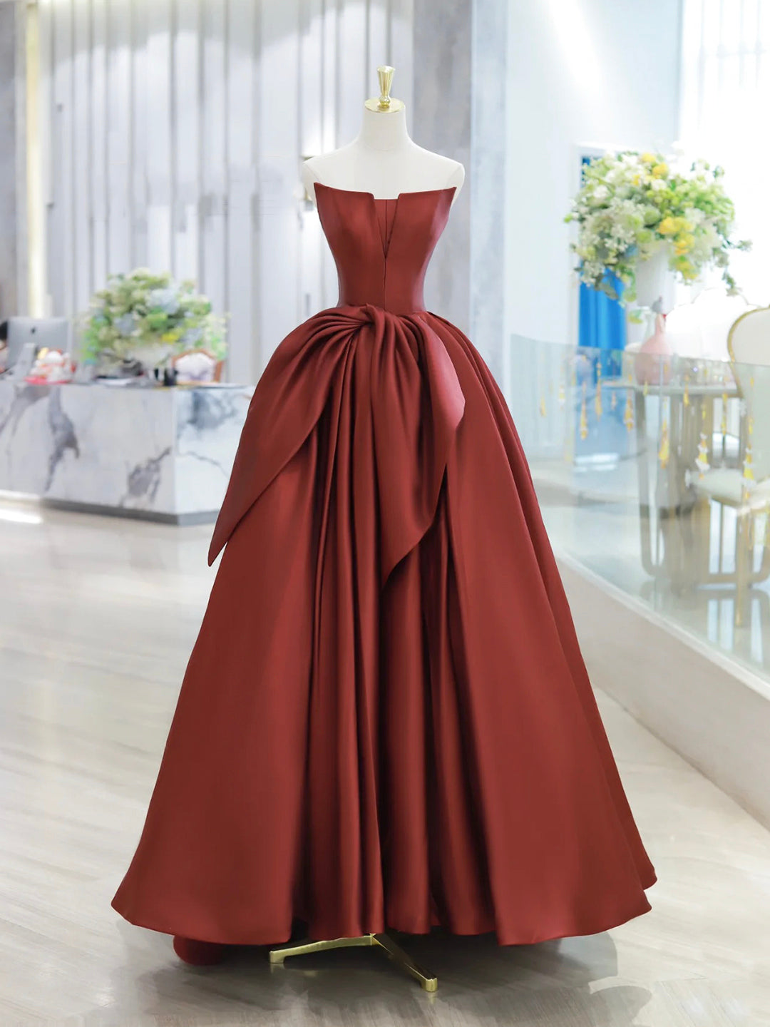 Burgundy Strapless Satin Long Prom Dress, Beautiful A-Line Evening Party Dress