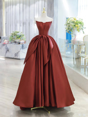 Burgundy Strapless Satin Long Prom Dress, Beautiful A-Line Evening Party Dress