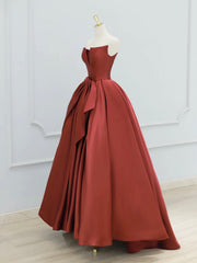 Burgundy Strapless Satin Long Prom Dress, Beautiful A-Line Evening Party Dress