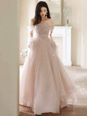 Beautiful Tulle Beaded Long Prom Dress, Light Pink Tulle Evening Dress