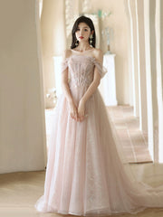 Beautiful Tulle Beaded Long Prom Dress, Light Pink Tulle Evening Dress