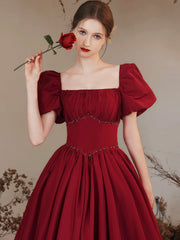 Burgundy Satin Formal Evening Gown with Puff Sleeve, A-Line Long Prom Dress