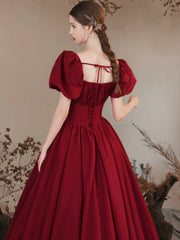 Burgundy Satin Formal Evening Gown with Puff Sleeve, A-Line Long Prom Dress