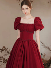 Burgundy Satin Formal Evening Gown with Puff Sleeve, A-Line Long Prom Dress