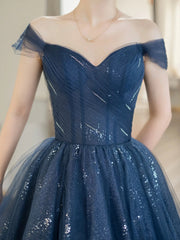Blue Shiny Tulle Floor Length Prom Dress, Off the Shoulder A-Line Evening Party Dress