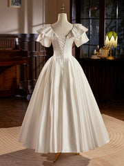 Retro Satin Tea Length Prom Dress with Lace, White A-Line Evening Party Dress