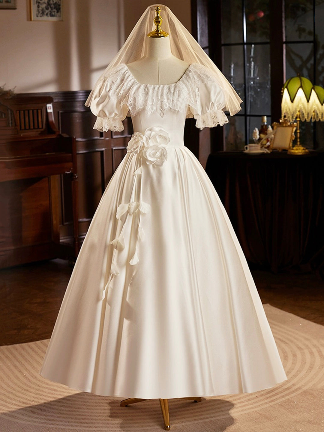 White Satin Tea Length Prom Dress with Lace, Retro A-Line Evening Party Dress