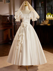 White Satin Tea Length Prom Dress with Lace, Retro A-Line Evening Party Dress