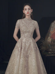Beautiful Lace Short Sleeve Floor Length Prom Dress, Champagne High Neck Evening Party Dress