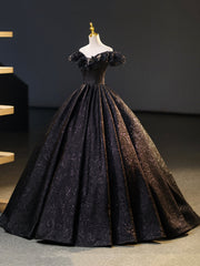 Black V-Neck Floor Length Formal Dress, A-Line Off the Shoulder Evening Party Dress
