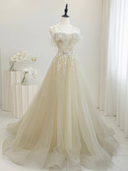 Cute Tulle Sequins Floor Length Prom Dress, Beautiful Spaghetti Strap Evening Party Dress