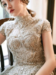 Cute Lace Short Sleeve High Low Prom Dress, A-Line High Neck Evening Party Dress